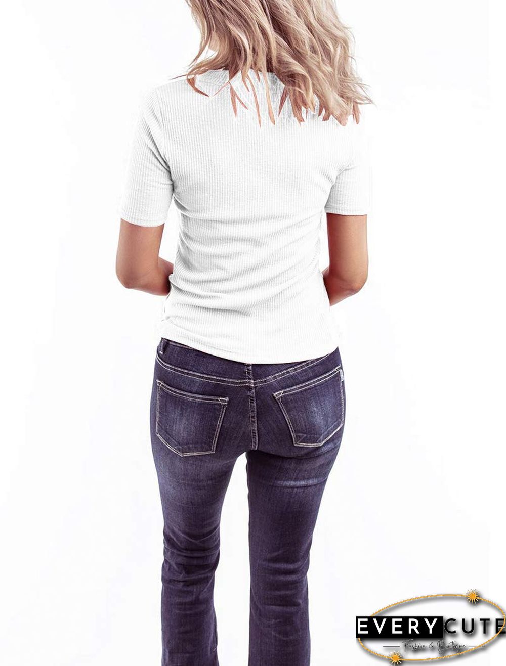 White V Neck Button Front Top