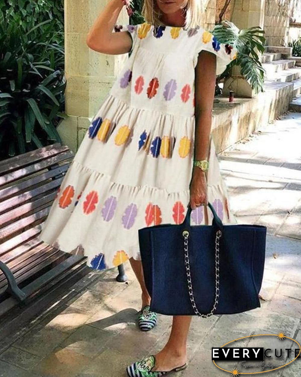 Colorful Geometric Print Loose Fluffy Midi Dress