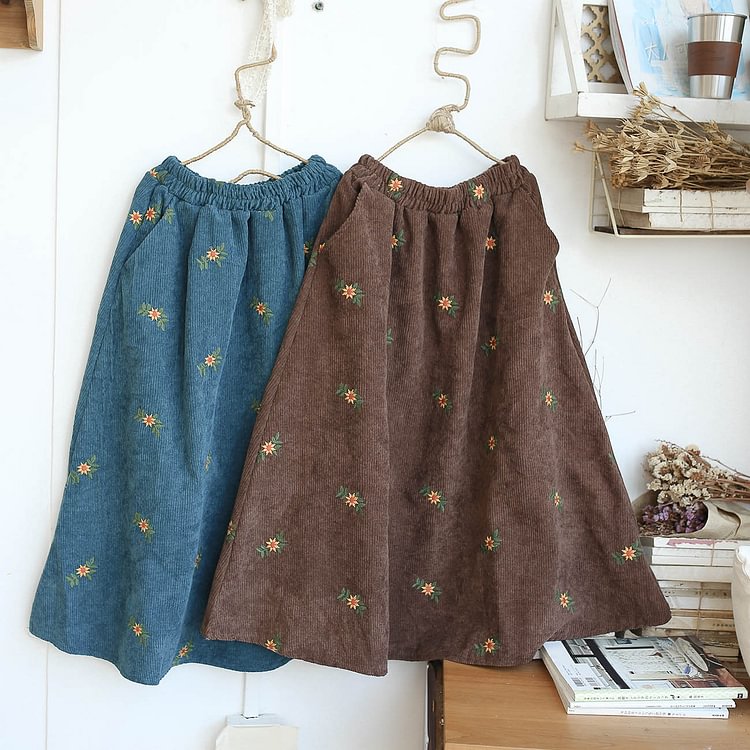 Queenfunky cottagecore style Embroidered Corduroy Skirt With Pockets QueenFunky