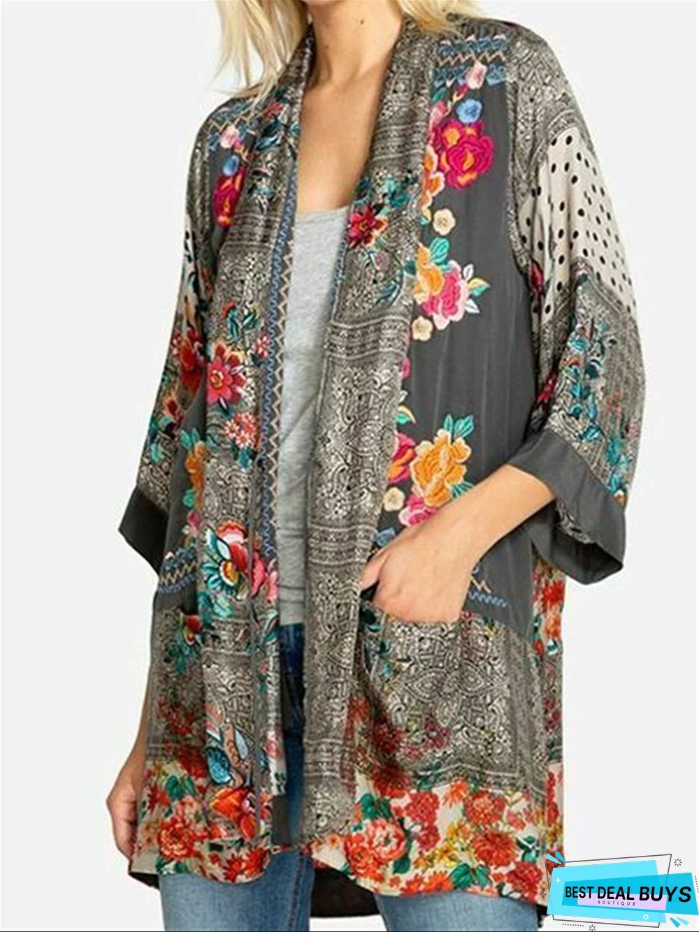 Grey Vintage Casual Flora Printed Casual Daily Cotton Long Blouse Coat