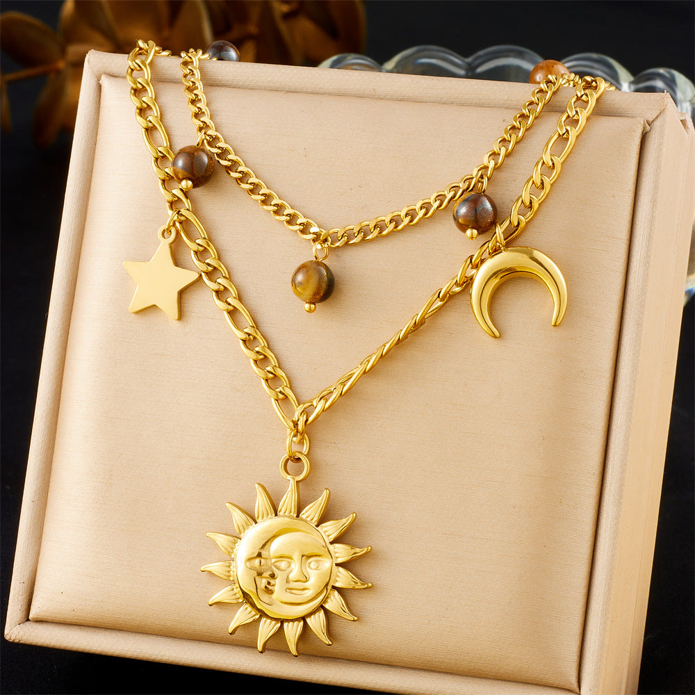 Gold-Plated Human Face Sun Star Moon Pendant Double Thick Chain Vintage Tiger Eye Stone Accessories Necklace