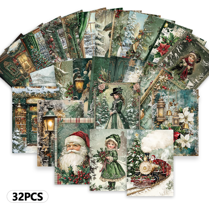 Tegooe 32PCS Vintage Christmas Postcards Set - Green Retro Holiday Collection