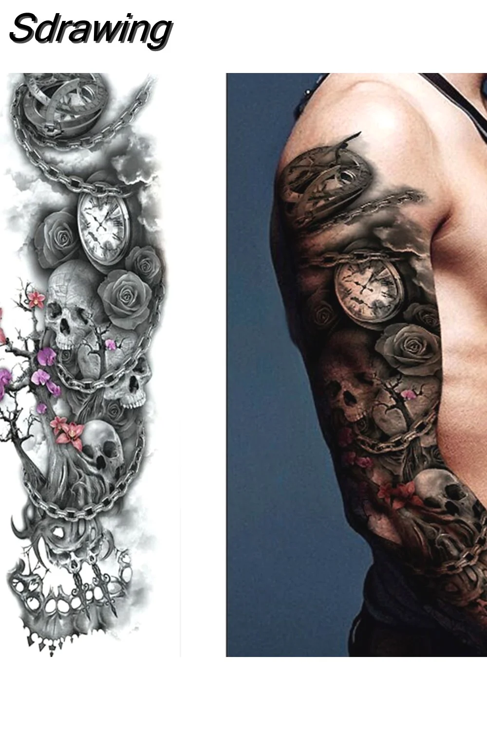 Sdrawing Full Arm Tattoo Lion Crown King Rose Waterproof Temporary Tatoo Sticker Wild Wolf Tiger Men Skull Totem Tattoo 430-1