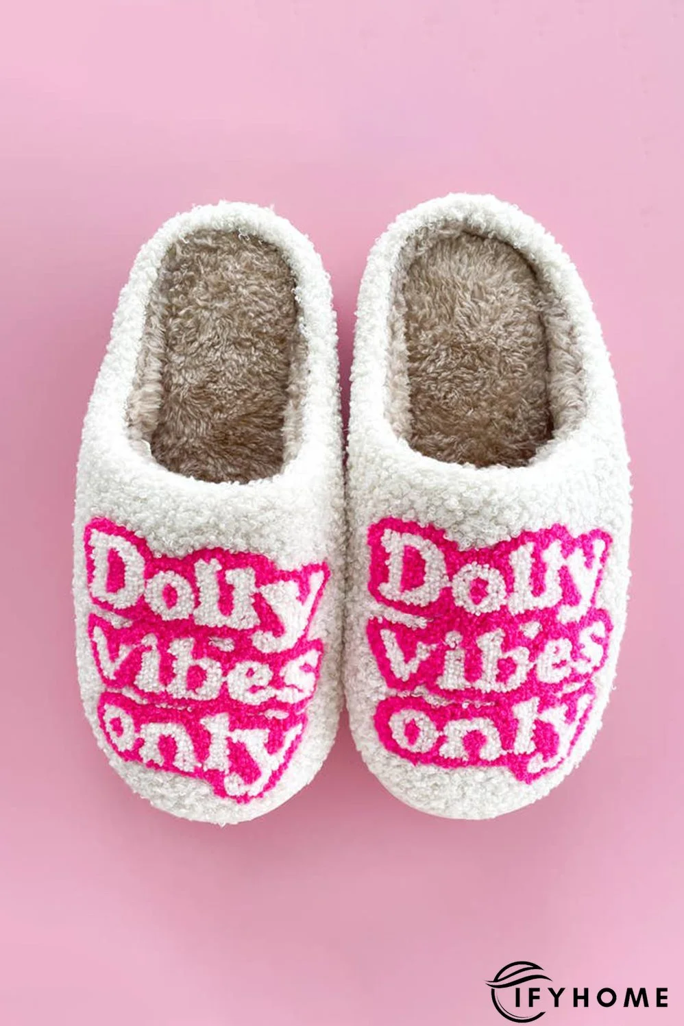 White Dolly Vibes Only Slip On Plush Slippers | IFYHOME