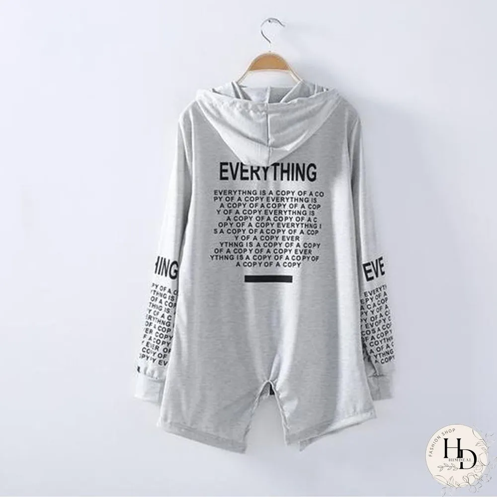Women Fashion Letter Print Long Sleeve Hooded Coats Ladies V-neck Zipper Irregular Hem