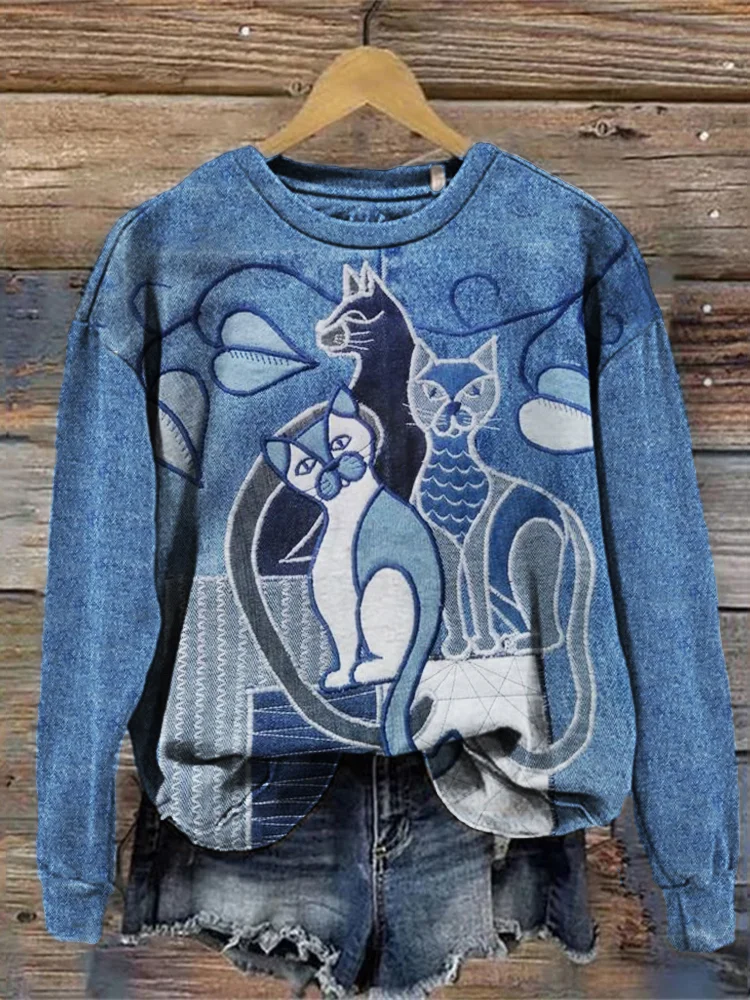 VChics Lovely Cats Denim Patchwork Comfy Sweatshirt