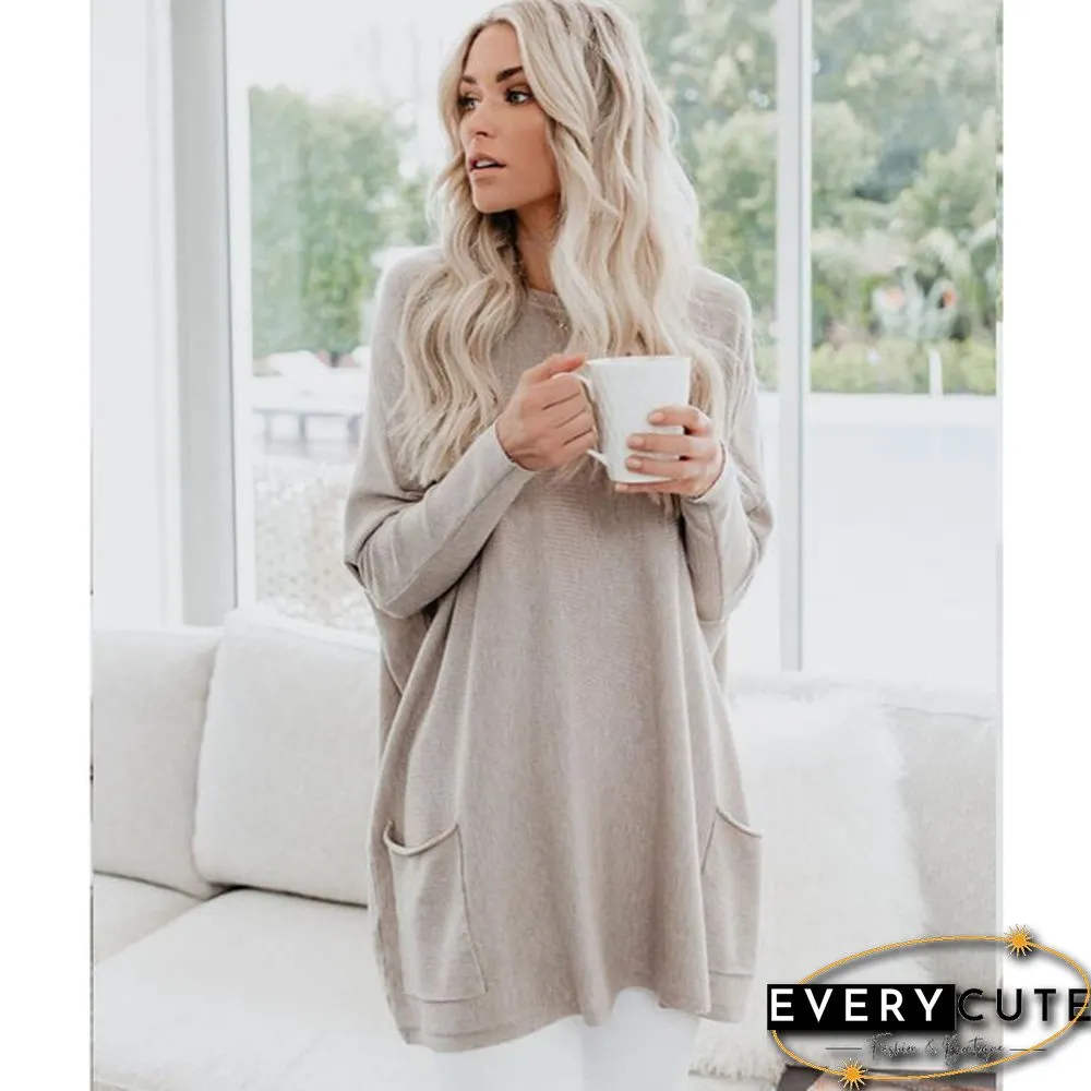 Plus Size Womens Autumn & Winter Casual Top Loose Pocket T-Shirt Long Sleeve Bat Blouse