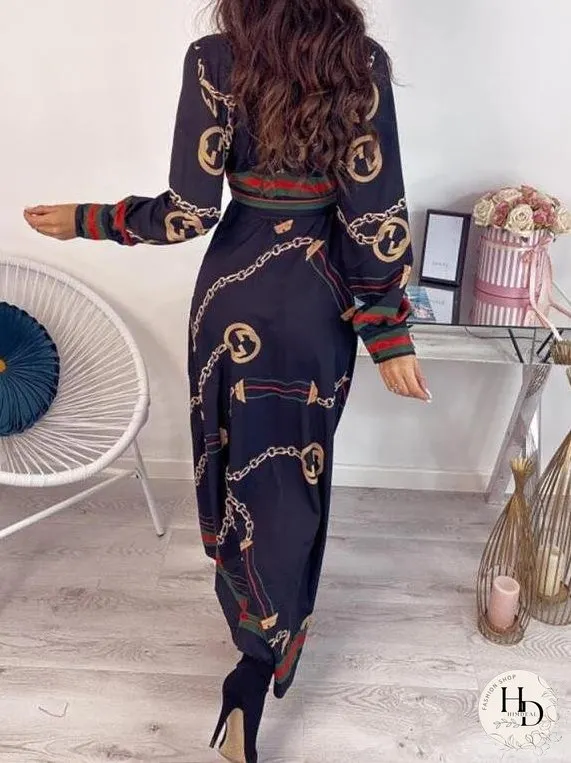 Deep V Slit Maxi Dress With Printed Belt for Women