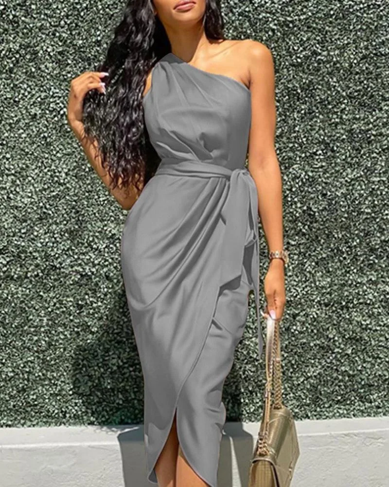 Irregular Slanted Shoulder Waist Satin Dress