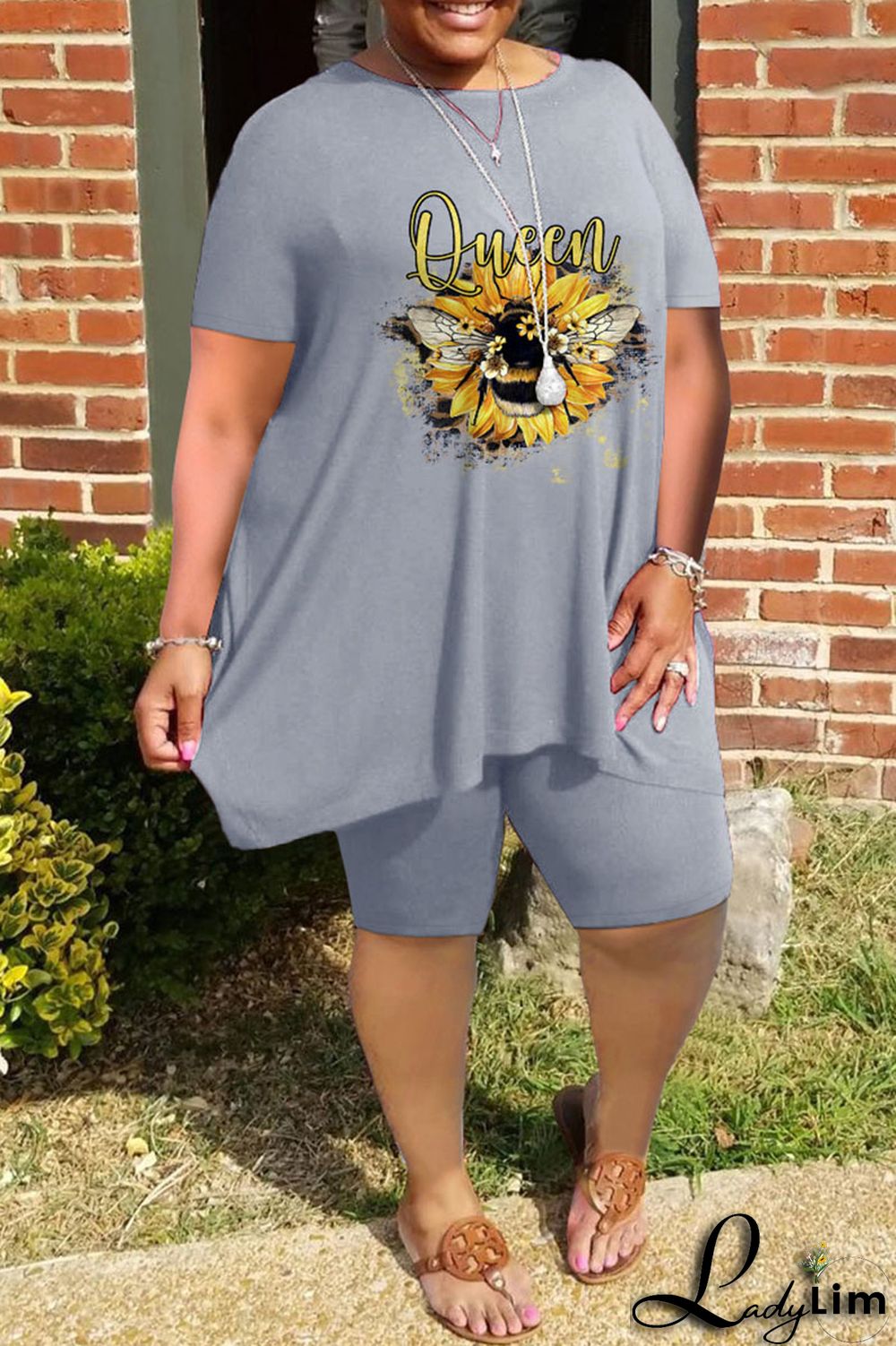 Blue Casual Print Split Joint O Neck Plus Size Two Pieces