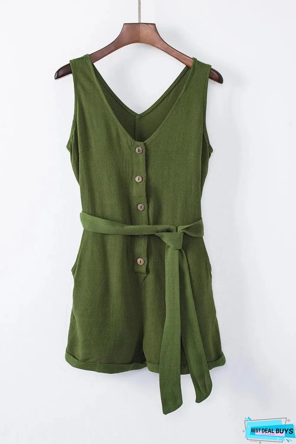 Green Button V Neck Romper with Belt