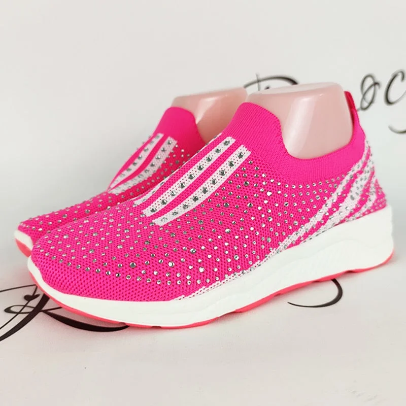 Rimocy women's hot pink crystal sneakers slip on flats shoes for women 2022 Spring Non-slip Soft Bottom casual shoes woman flats