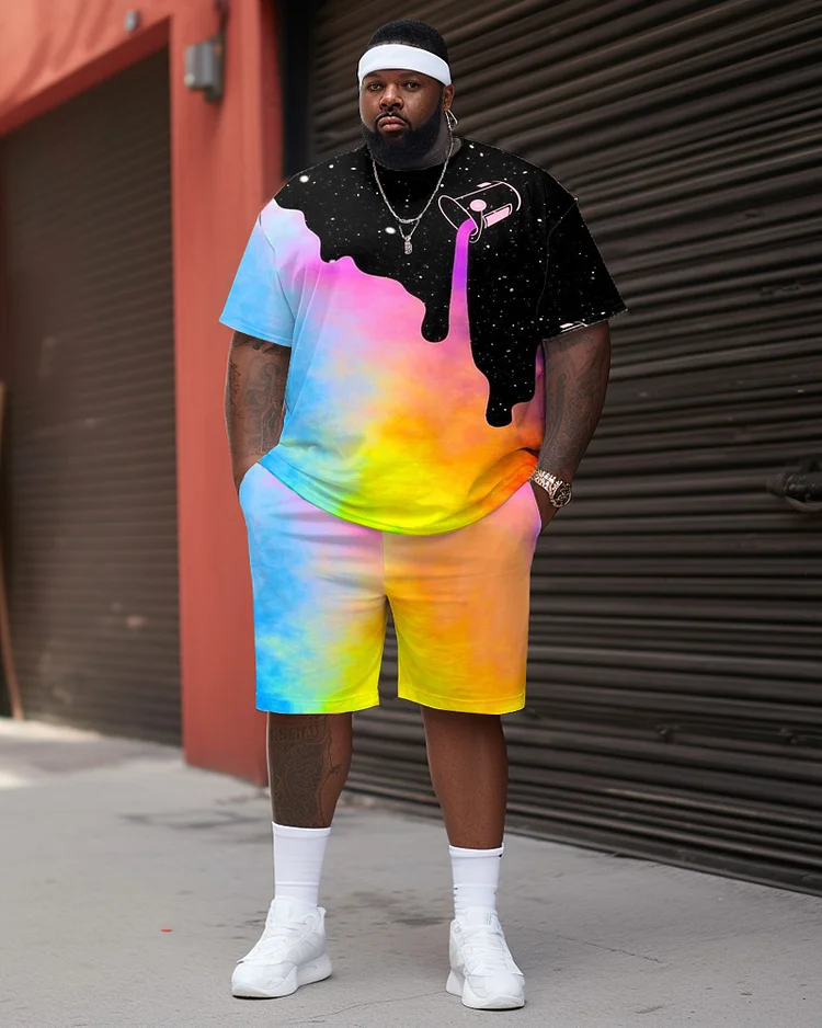 Men's Large Size Street Cartoon Color Block Starry Sky Graffiti Short-Sleeved Shorts Suit