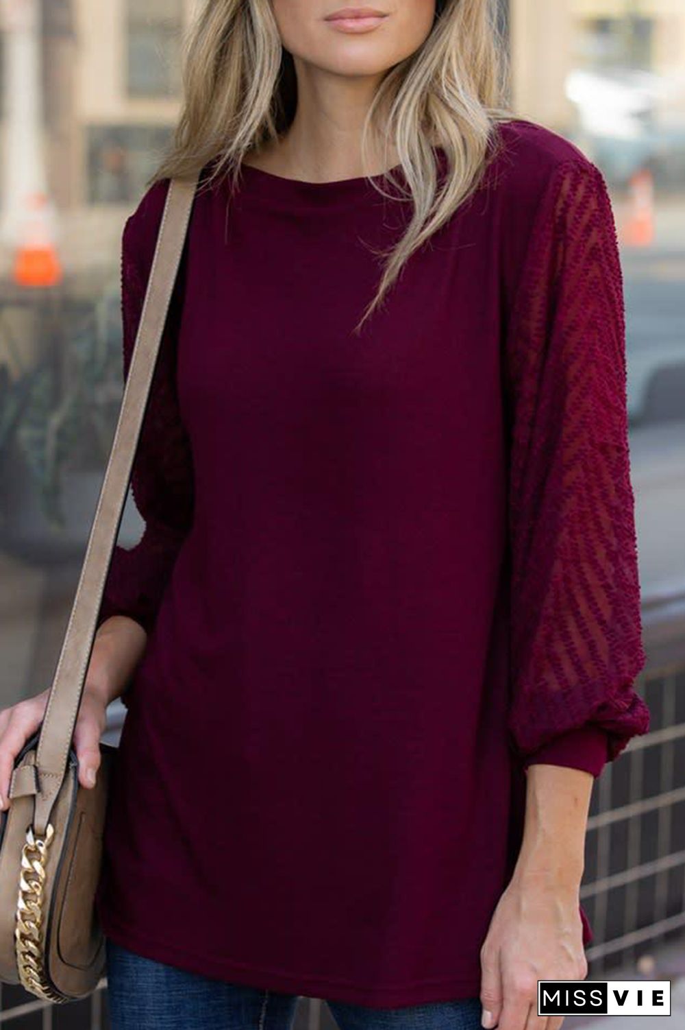 Fashion Solid Split Joint O Neck Tops