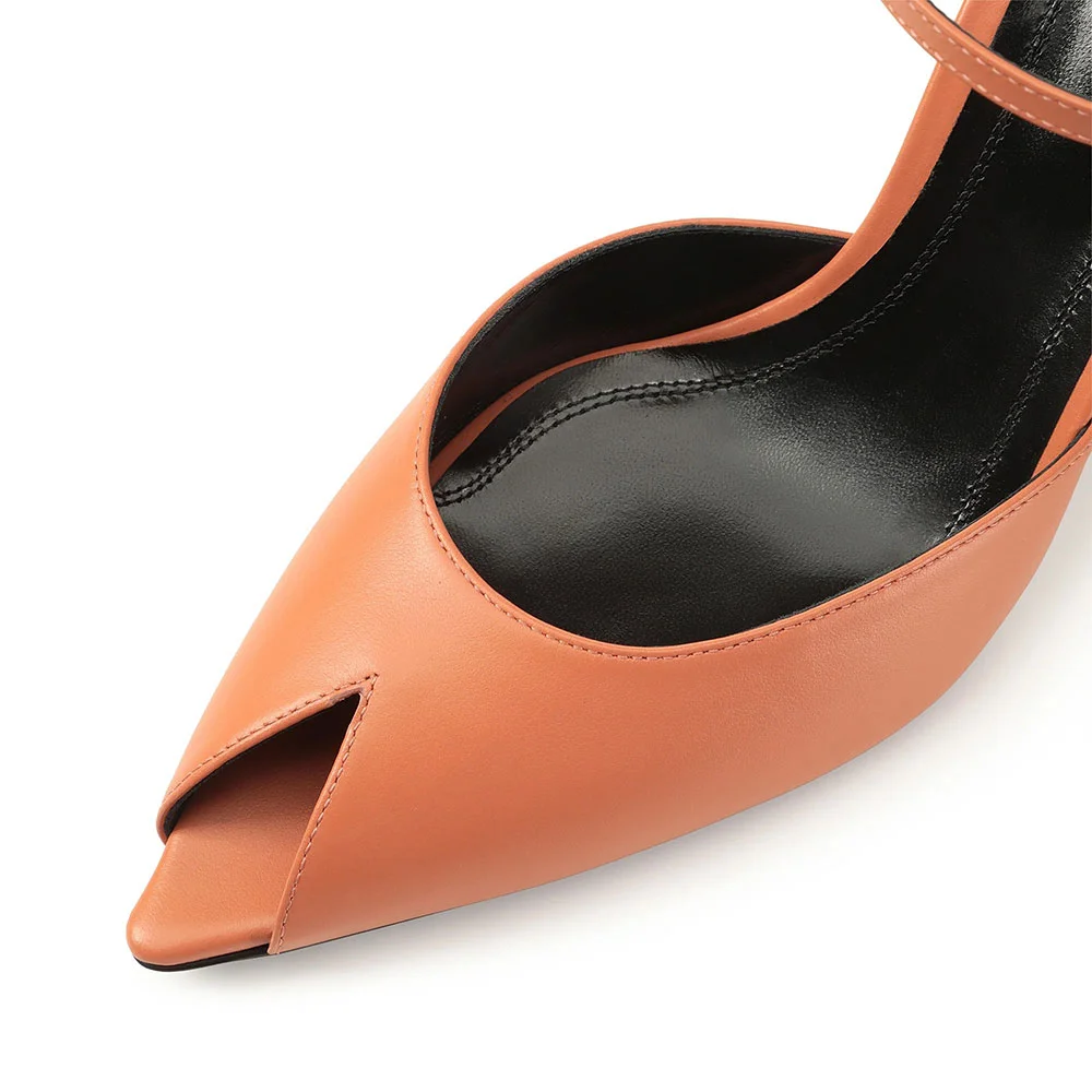 Women's Orange Peep Toe Cone Heel Ankle Strap Sandals with Buckle