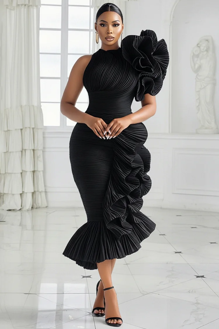 Xpluswear Design Plus Size Party Black One Shoulder Ruffle Elegant Bodycon Midi Dresses 2024 - Xpluswear