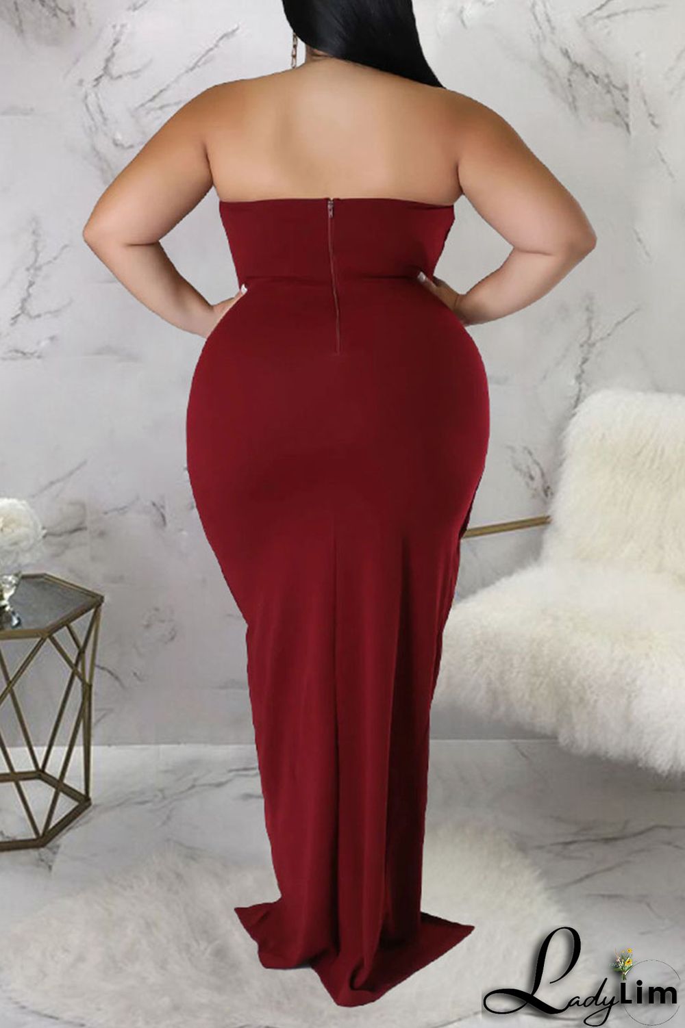 Burgundy Sexy Solid Patchwork Flounce Slit Asymmetrical Strapless Evening Dress Plus Size Dresses