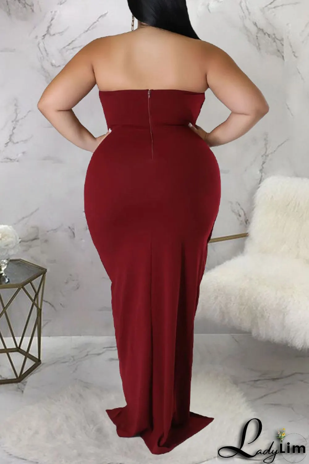 Burgundy Sexy Solid Patchwork Flounce Slit Asymmetrical Strapless Evening Dress Plus Size Dresses