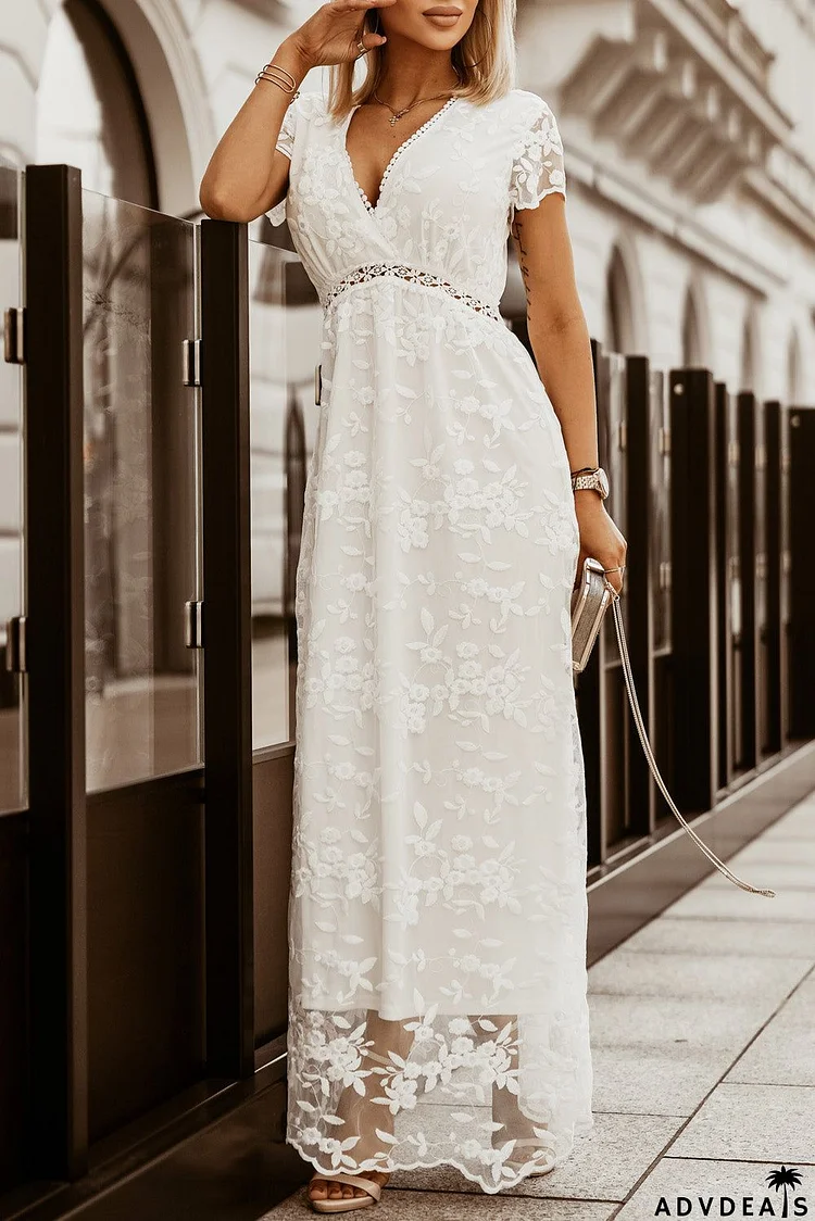 White V Neck Boho Lace Maxi Dresses