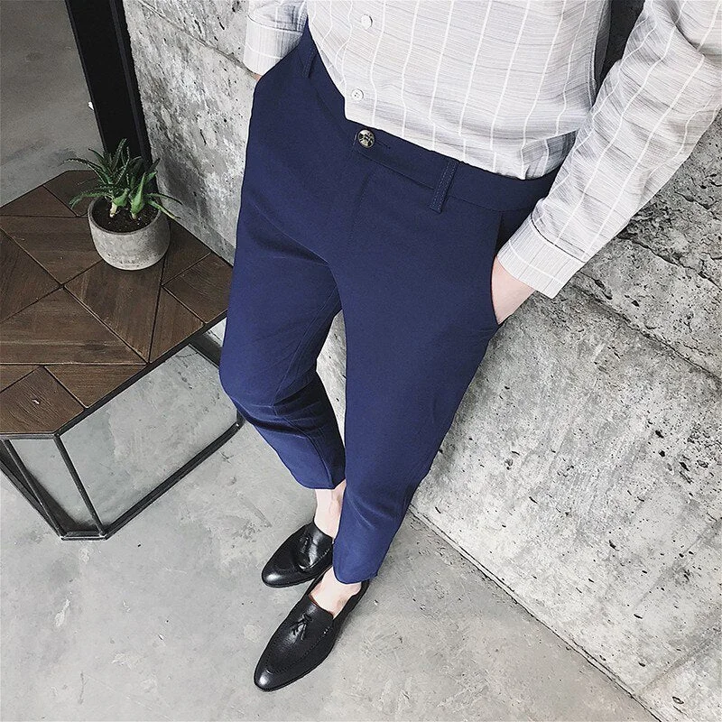 Woherb Solid Casual Pants Men Slim Fit Ankle-Length Trousers Male 2020 New Spring Summer White Khaki Black Stretch Fashion Suit Pants