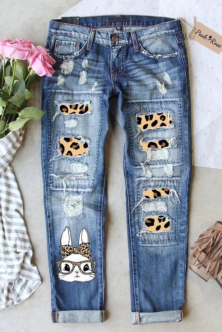 Cute Bunny With Leopard Bandana And Glasses Print Ripped Denim Jeans