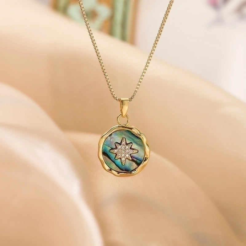 Vintage Style Minimalist Commute Star Bee Copper Plating Inlay Shell Zircon 18k Gold Plated Pendant Necklace