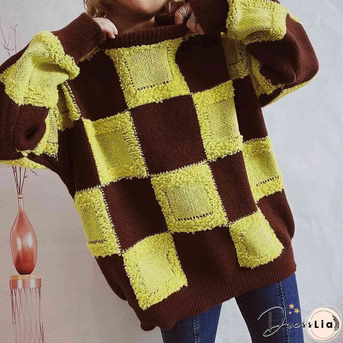 Checkered Round Neck Long Sleeve Sweater