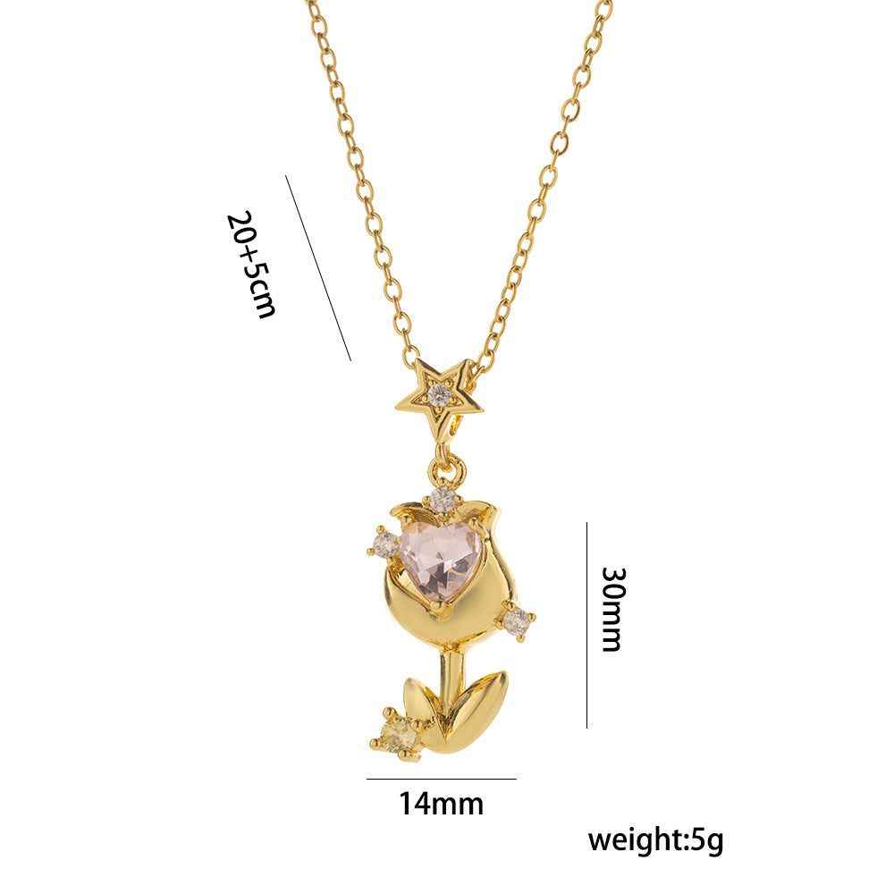 Tulip Zircon Love Rose Gold Gorgeous Full Diamond Necklace Female Versatile Clavicle Chain Titanium Steel Chain