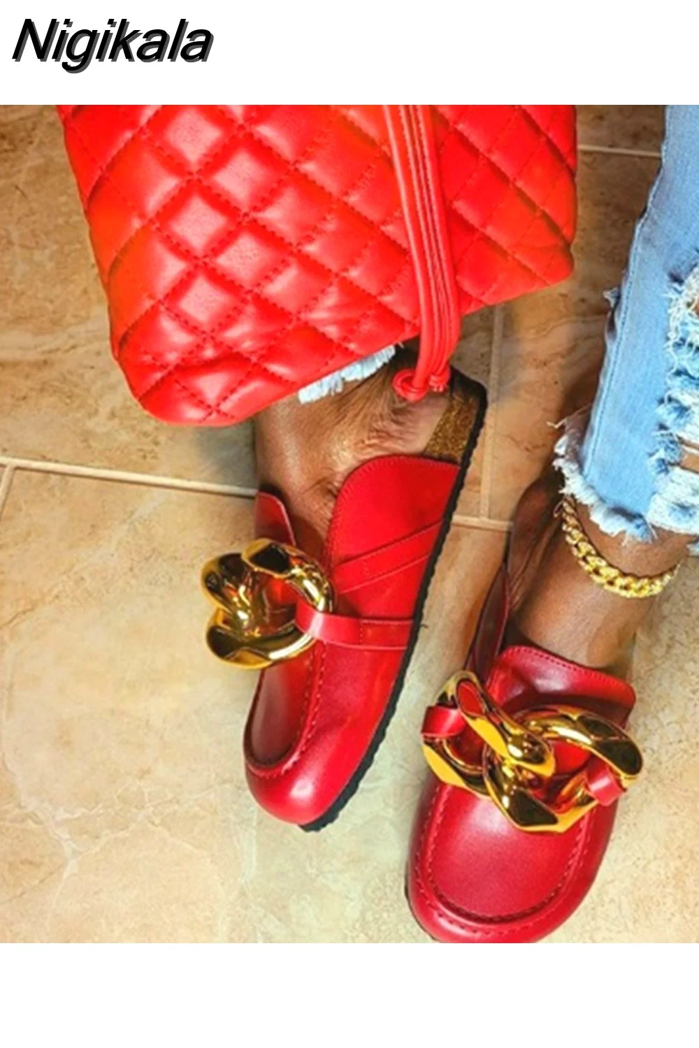 Nigikala Shoes Women Slippers Flats Designer Slides Size 43 White Black Luxury Big Chain Sandals Moda Feminina Verao 2023 Pantoufle 521-0