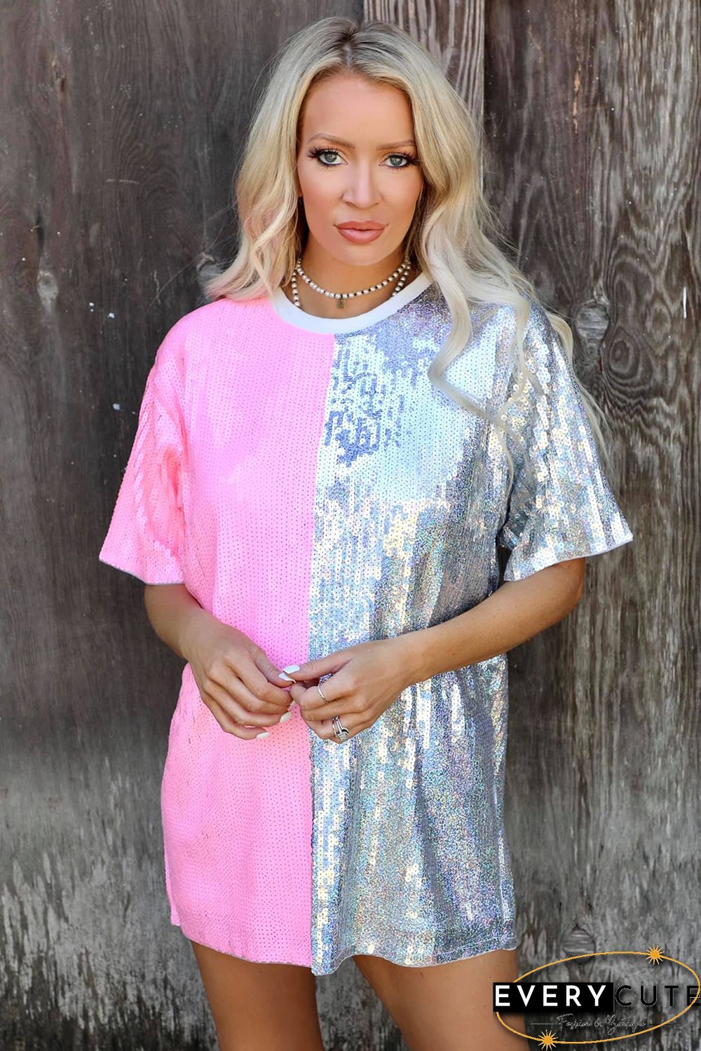 Pink Sequin Color Block Half Sleeve Shift Mini Dress
