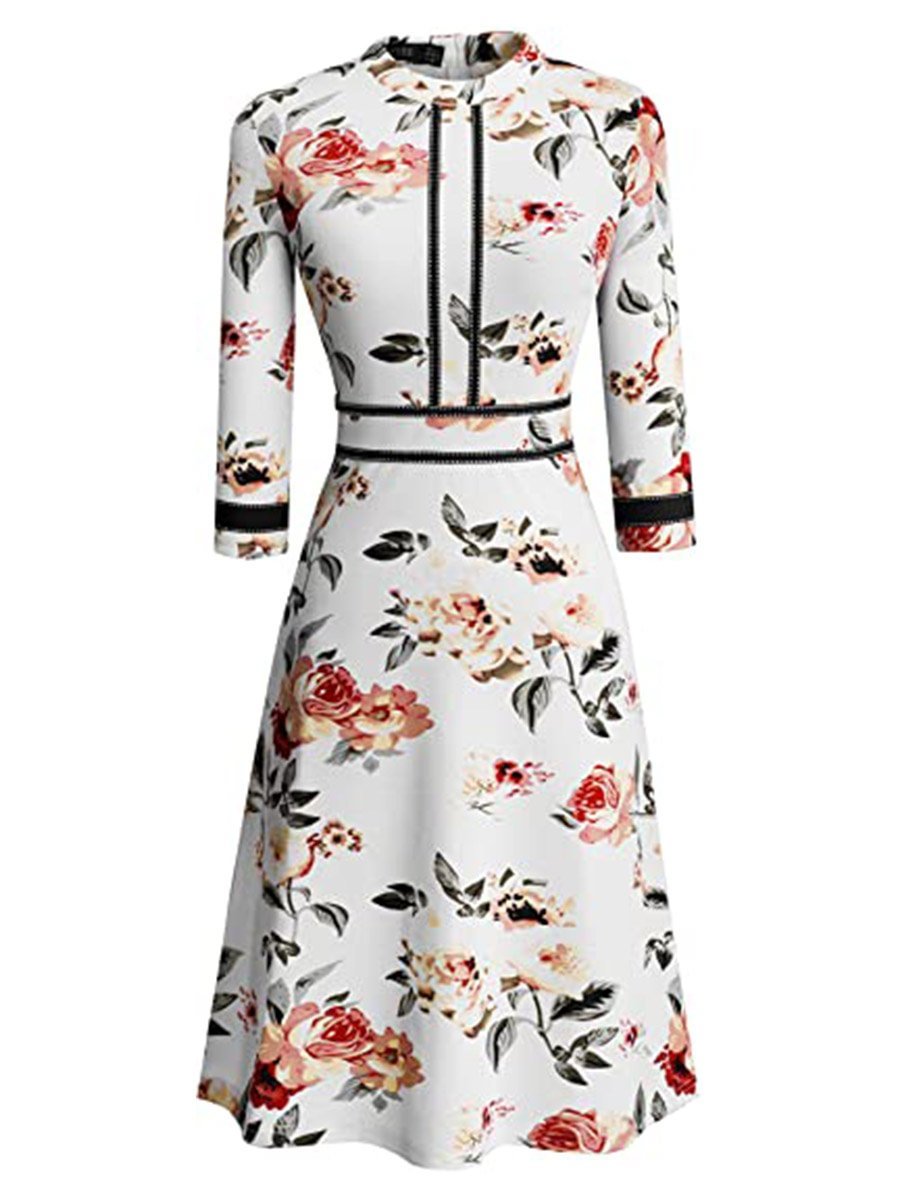 1950s Dress 3/4 Sleeve Round Neck Floral Stripe Print Homecoming Dress