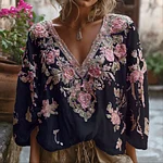 Bohemian Three-dimensional Pink Floral Sequin V-neck Long-sleeved Top - Image 3