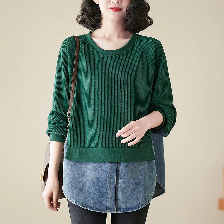 Loose Splicing Round Neck Long Sleeve Fake Two Pieces Sweater