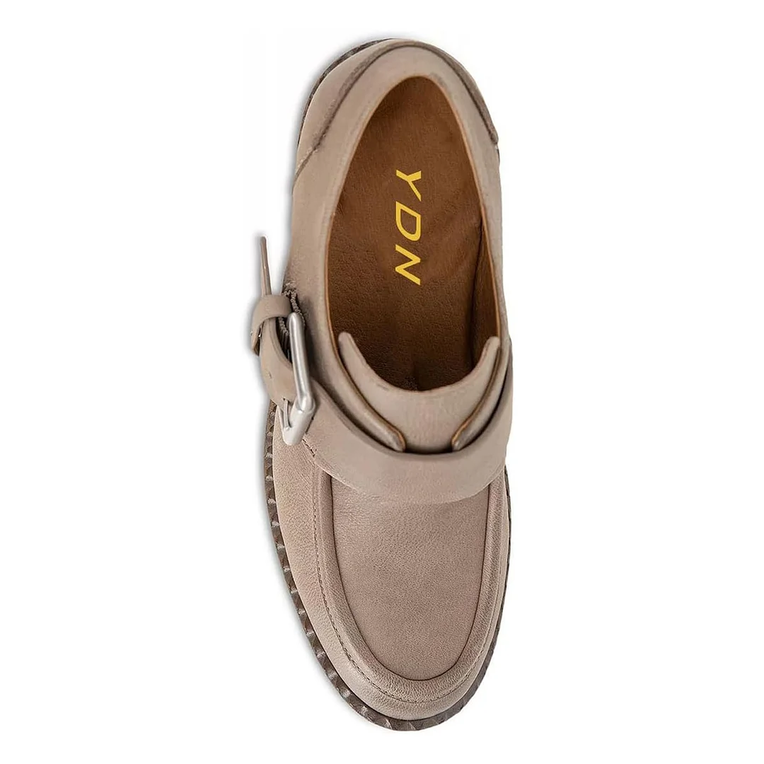 Taupe Buckle Strap Round Toe Loafer Shoes Women with Block Heel