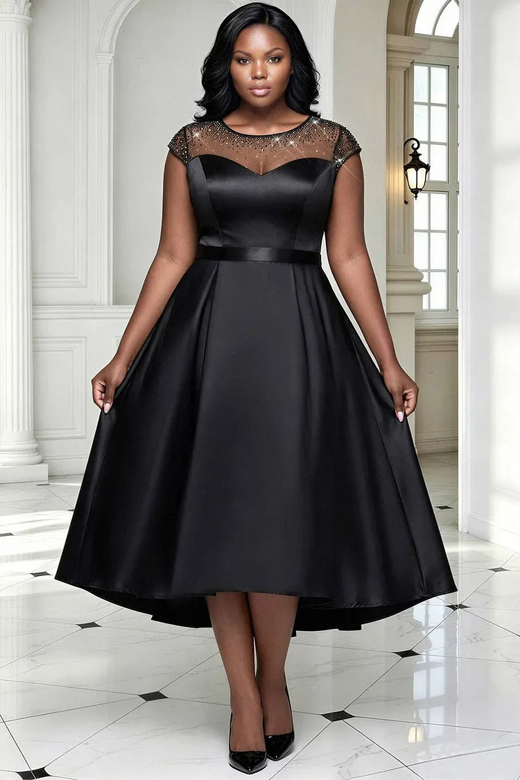 Xpluswear Design Plus Size Wedding Guest Tulle Black Round Neck Cap Sleeve Drilling Pocket Satin Midi Dresses [Pre-Order] 2024 - Xpluswear