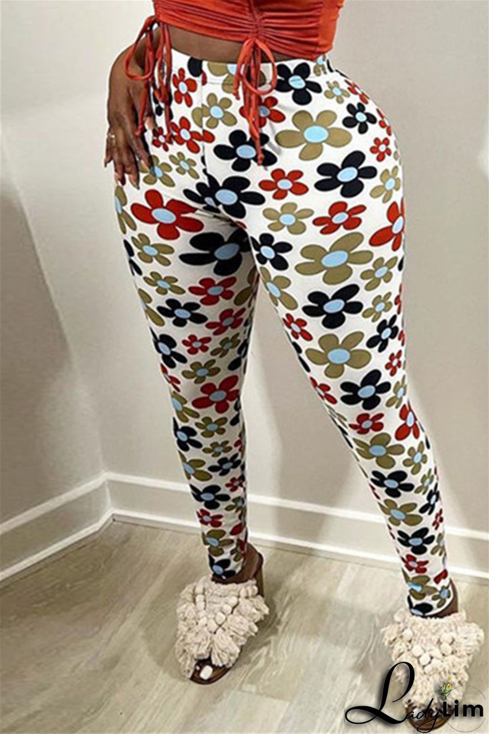 Yellow Fashion Casual Print Basic Skinny High Waist Pencil Trousers
