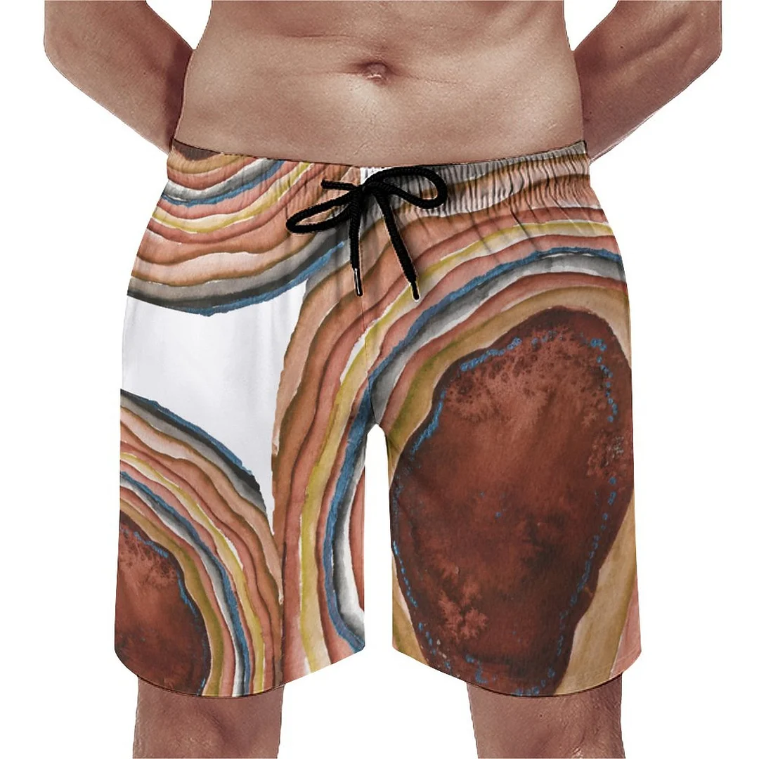 Red Beige Agate Geode Watercolor Men's Swim Trunks Summer Board Shorts Quick Dry Beach Short with Pockets