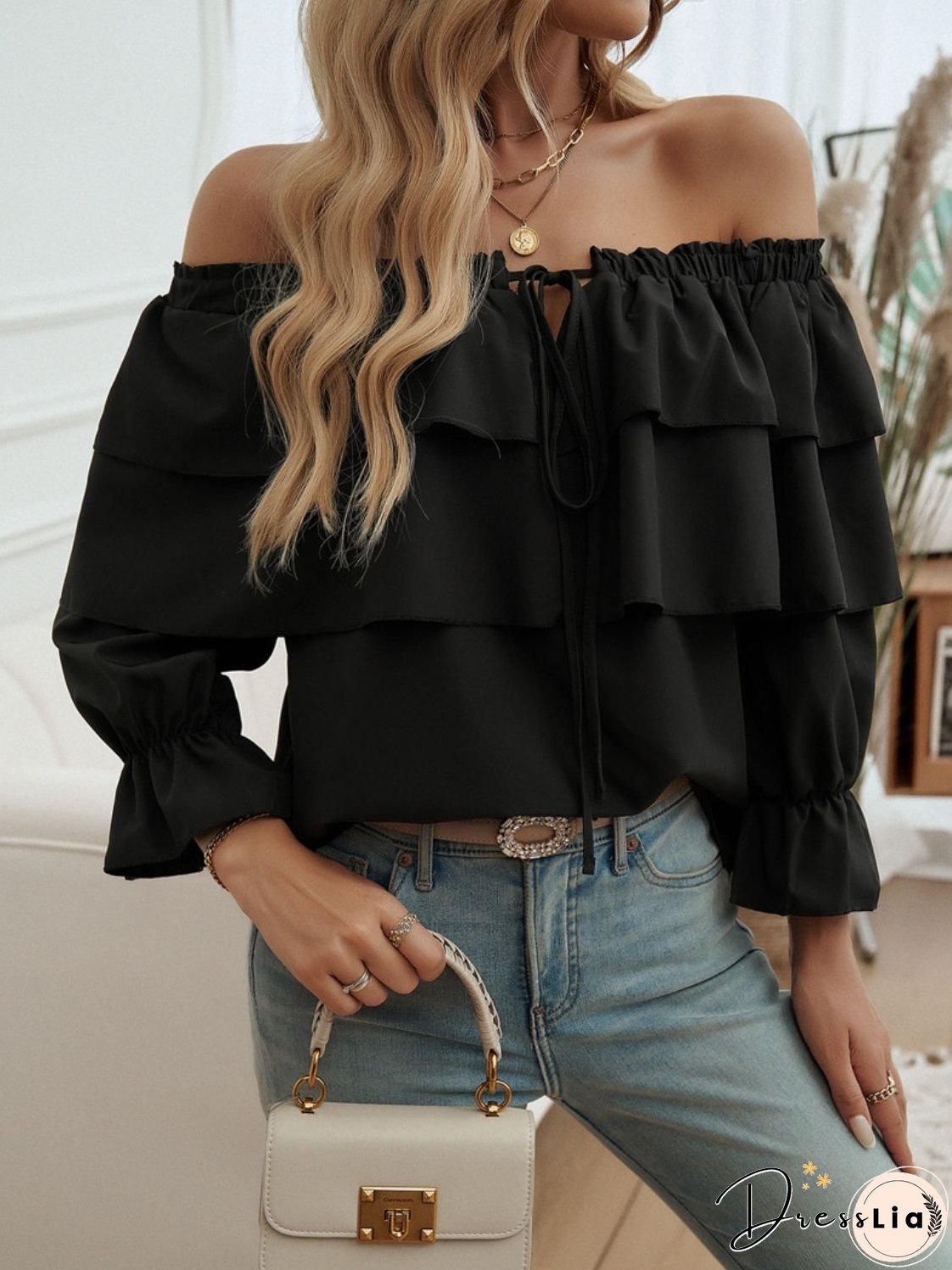 Off-Shoulder Flounce Sleeve Blouse