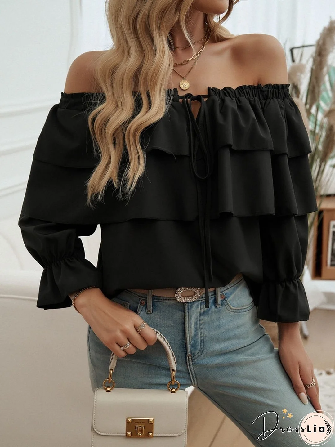 Off-Shoulder Flounce Sleeve Blouse