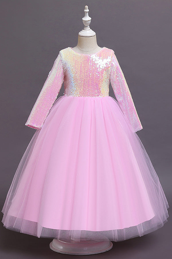 Oknass Long Sleeve Jewel Tea Length Flower Girl Dress with Sequins