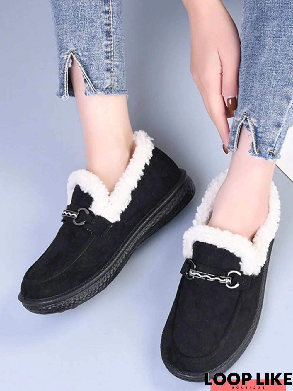 Womens's Plain Slip On Faux Fur Lined Flat Peas Shoes