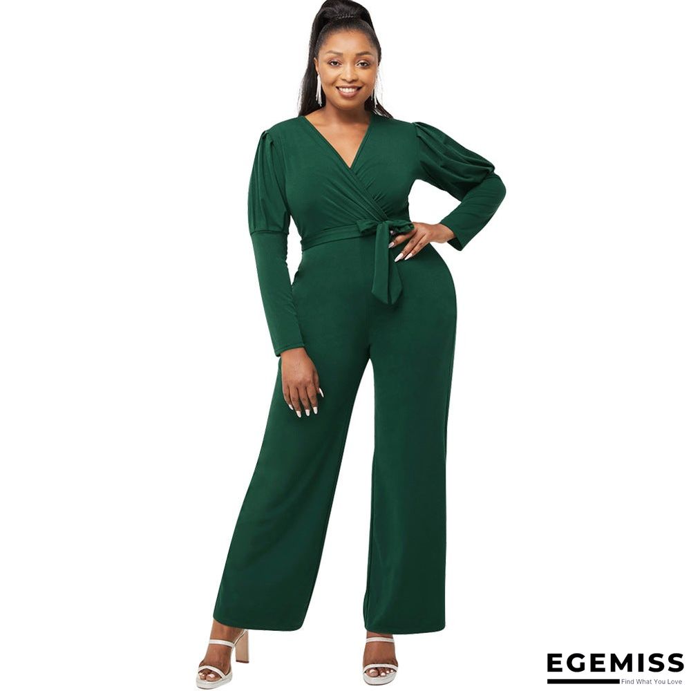 Autumn and Winter Solid Color V-neck Bubble Sleeve Personalized Casual Wide Leg Jumpsuit | EGEMISS