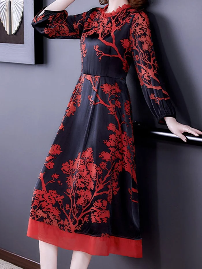 Fashion Mulberry Silk Red Jacquard Dress