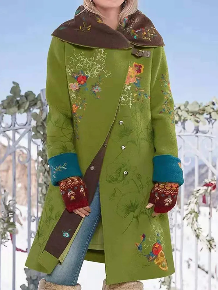 Daily Shawl Collar Floral Buttoned Woolen Long Coat