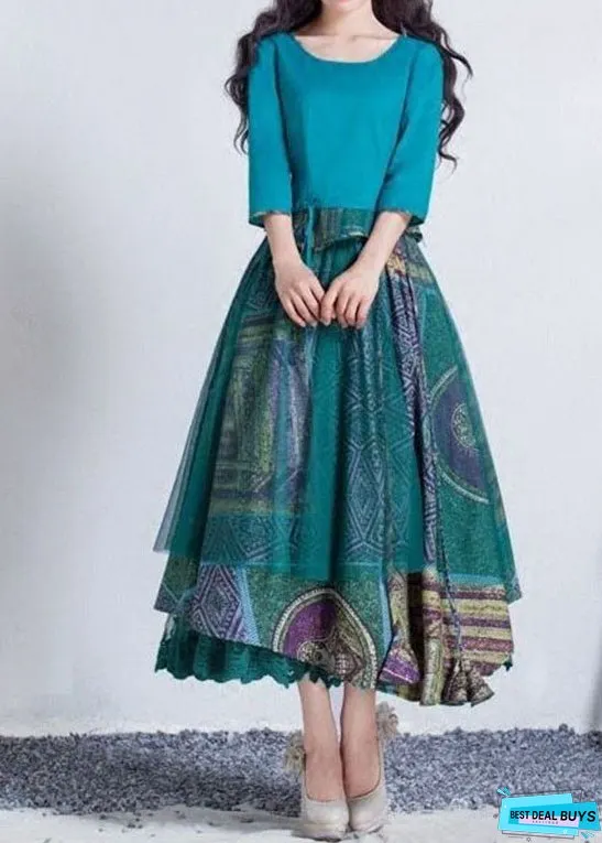 Stylish Blue Print Wrinkled Lace Patchwork Chiffon Skirt Summer