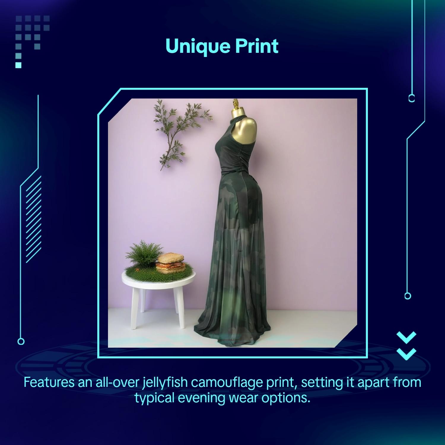 PULKRITU Women's O-Neck Sleeveless Stacked A-line Maxi Dress, Elegant Romantic Dress, Autumn Party Gown, Beach Evening Dress, Printed Long Dress for Birthdays, Jellyfish Camouflage Printed with Sashes Floor Length Dresses