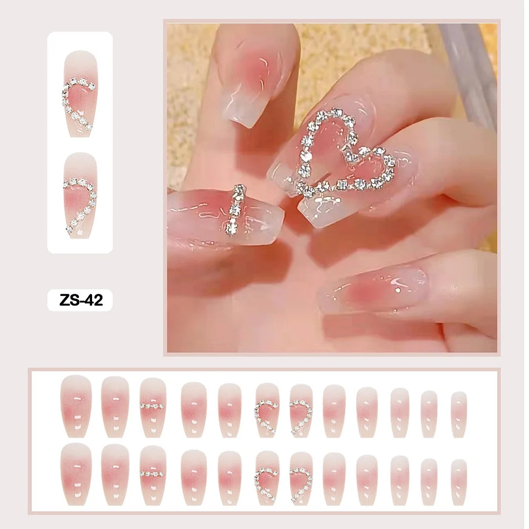 24pcs Artificial Diamond Gradient Fake Nails With Glue Lovely Pink Flesh-colored Nail Art Fake Nails Long With Wearing Tools-Nail Inspo