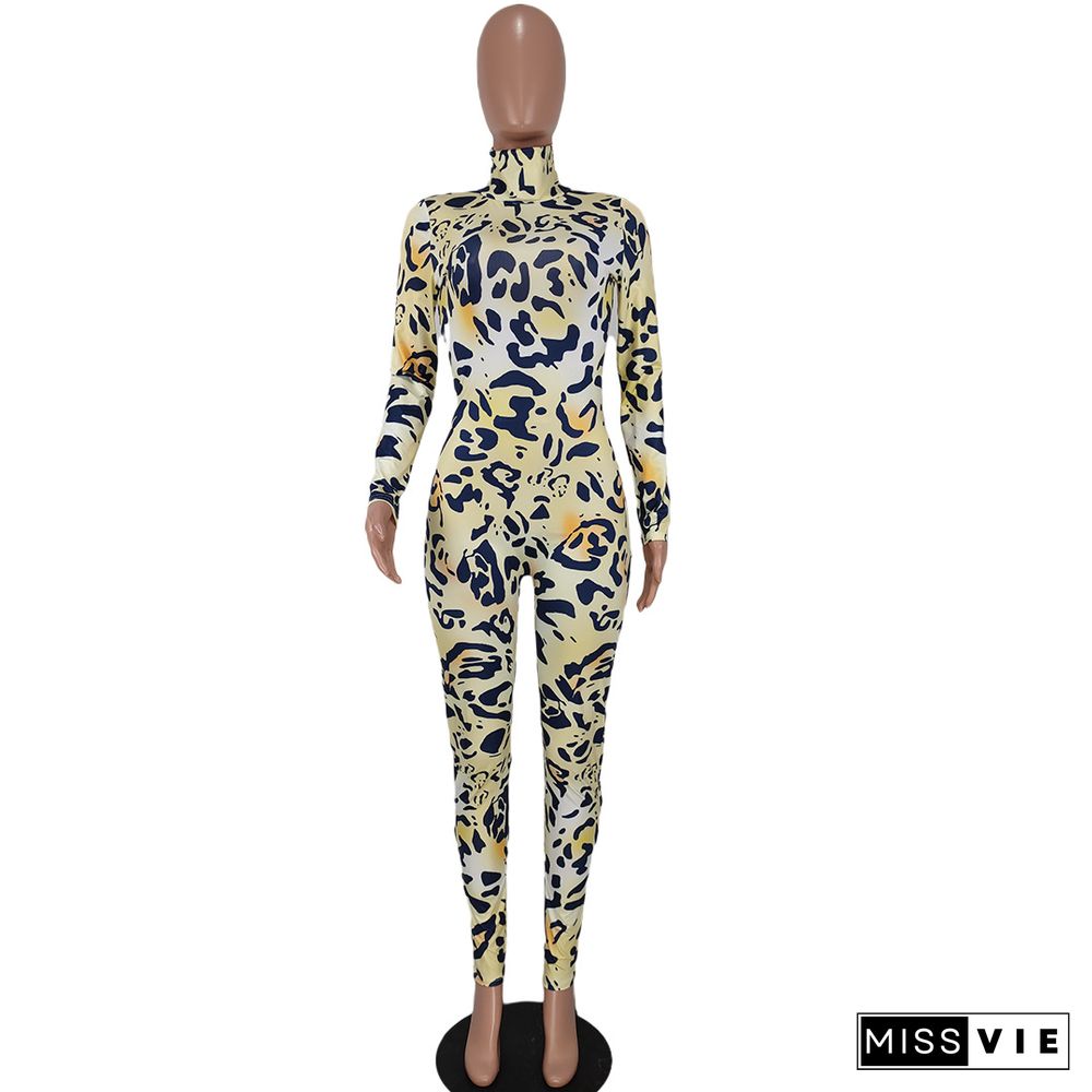 Leopard Print Turtleneck Long Sleeve Skinny Jumpsuit