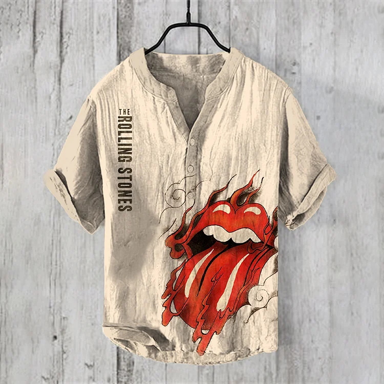 Rolling Stones Japanese Art Flame Lip Pattern Linen Blend Shirt