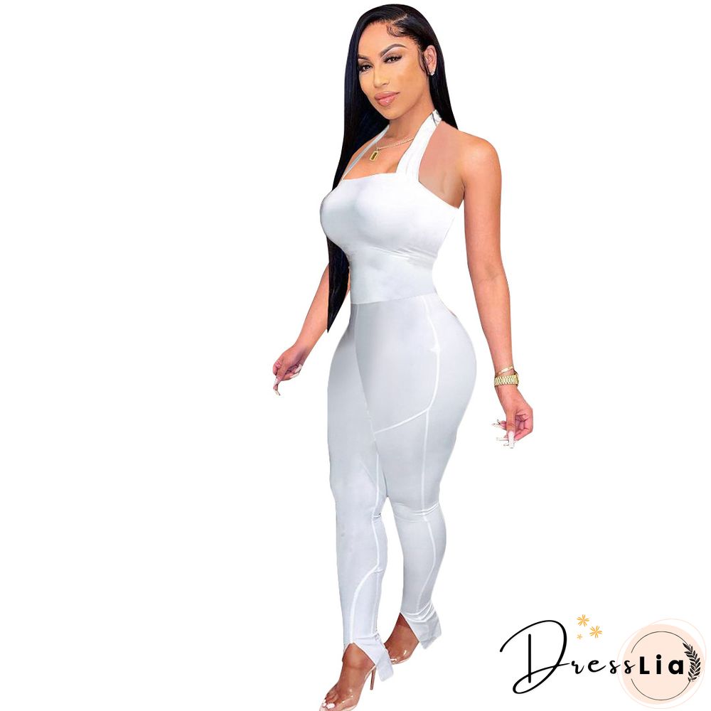 Women Solid Color Sportswear Sleeveless Halter Bodycon Jumpsuits